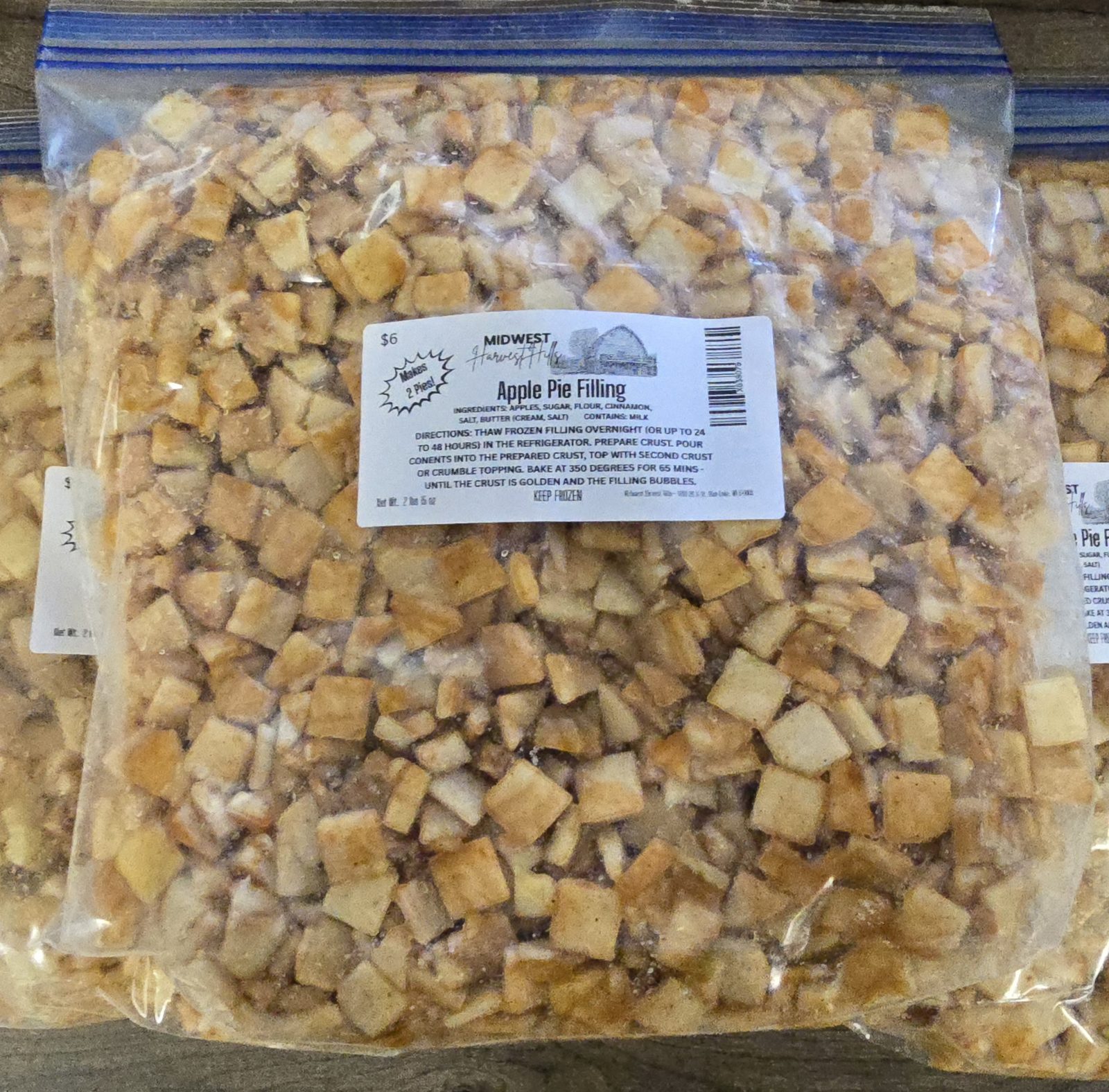 Frozen bags of Midwest Harvest Hills apple pie filling