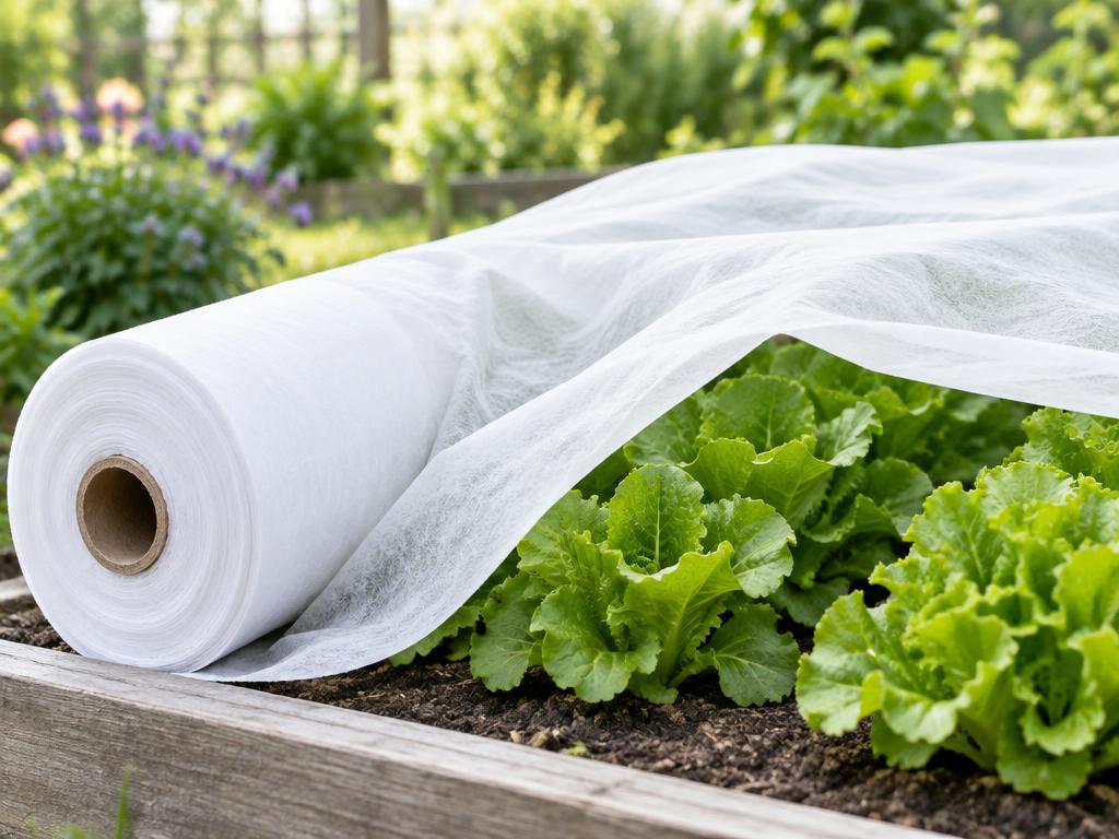 Roll of floating row cover fabric over a garden bed