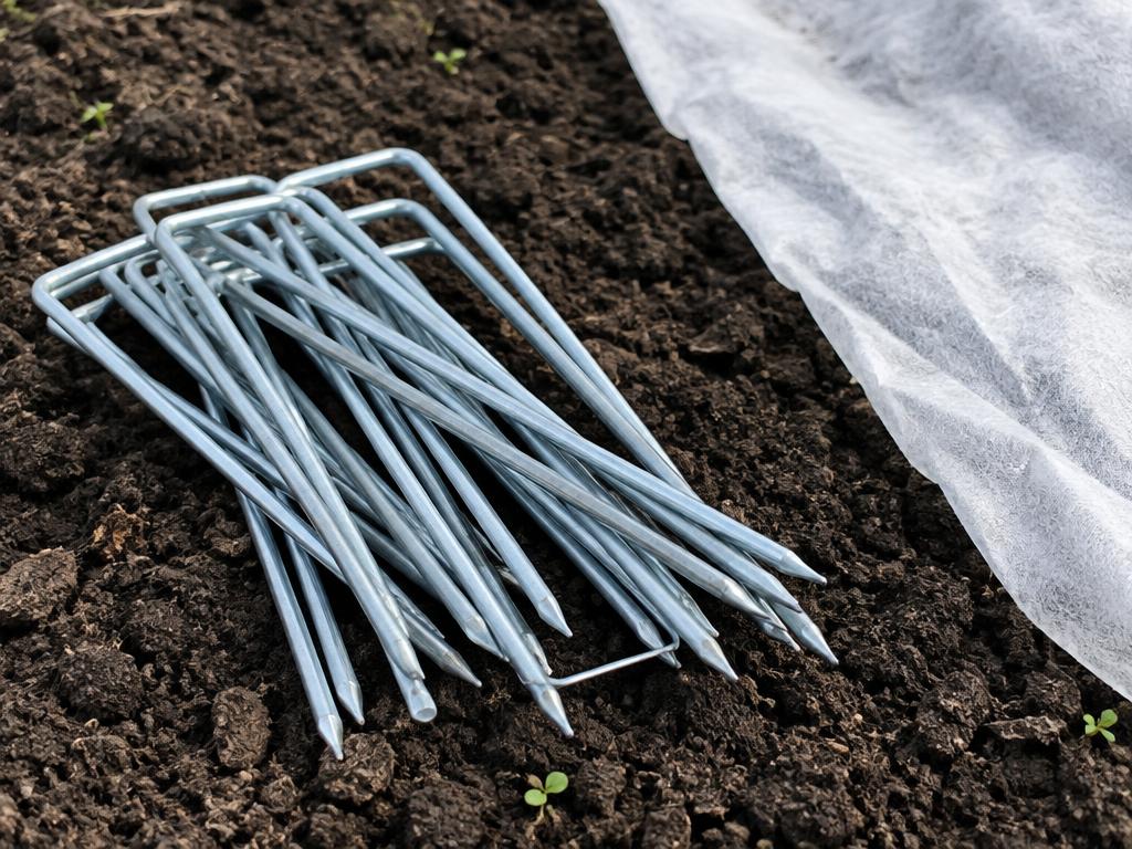 Galvanized landscape fabric staples in garden soil