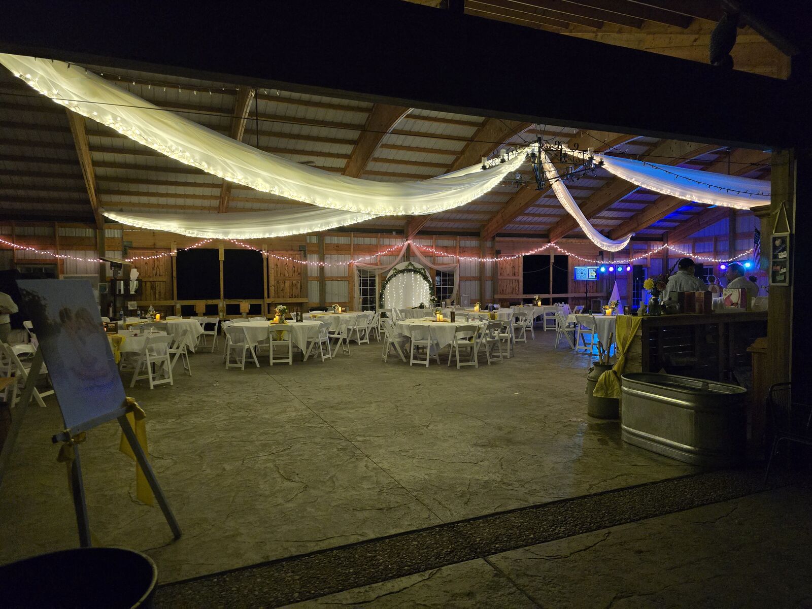Pavilion reception with draping and lights