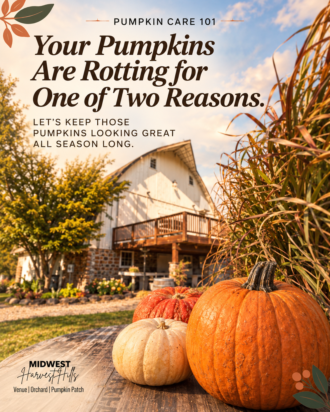 Pumpkin Care 101 — Your Pumpkins Are Rotting for One of Two Reasons: pumpkins on a wooden table in front of the Midwest Harvest Hills barn