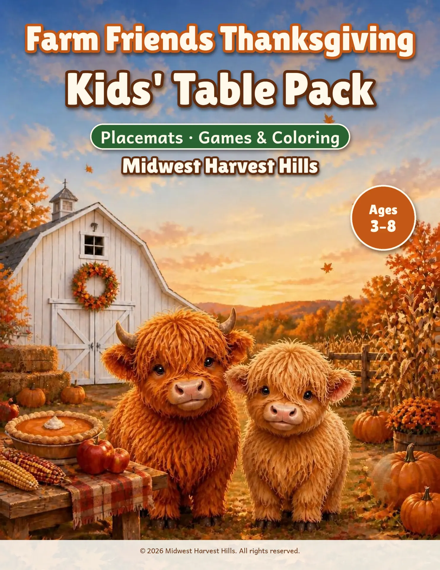 Cover of the Farm Friends Thanksgiving Kids' Table Pack — two baby Highland calves beside a table with pumpkin pie and apples, pumpkins and hay bales around them, with a white barn behind