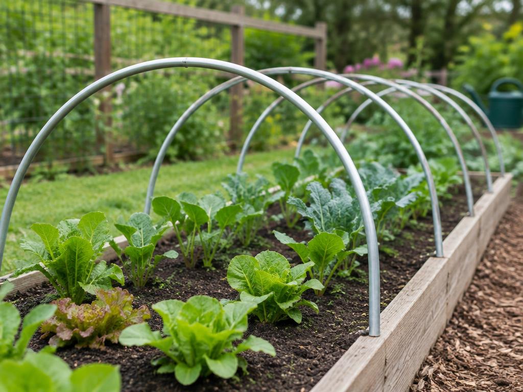 Metal garden hoops arched over a raised bed