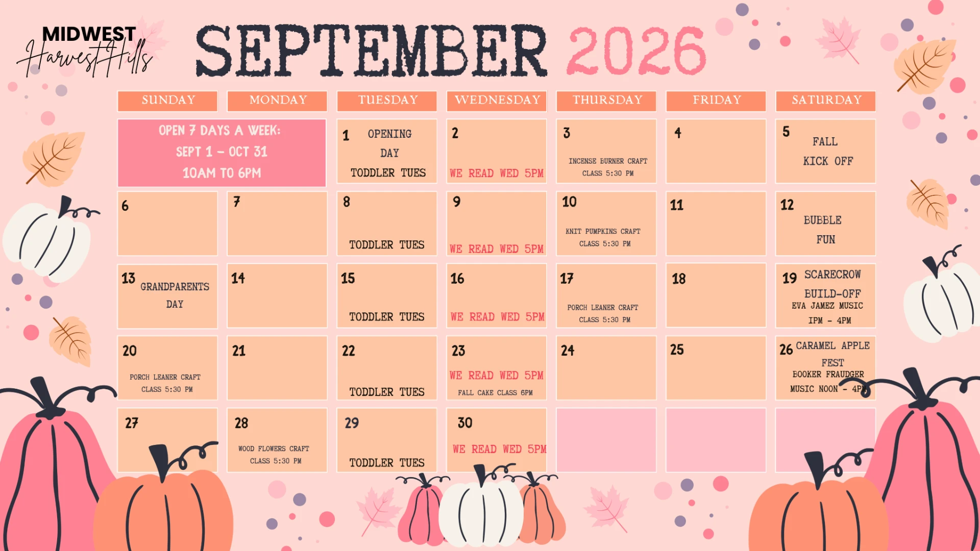 Midwest Harvest Hills September 2026 fall season calendar of events