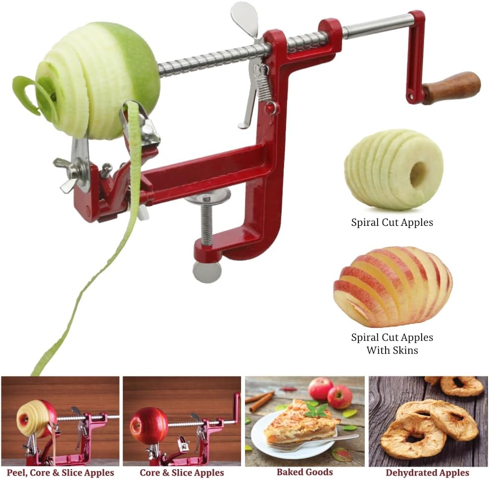 Clamp-on countertop apple peeler, corer, and slicer