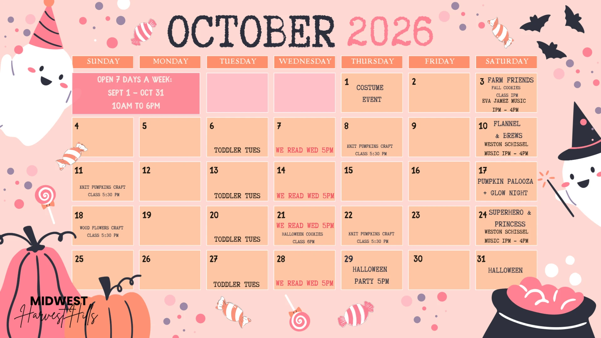 Midwest Harvest Hills October 2026 fall season calendar of events