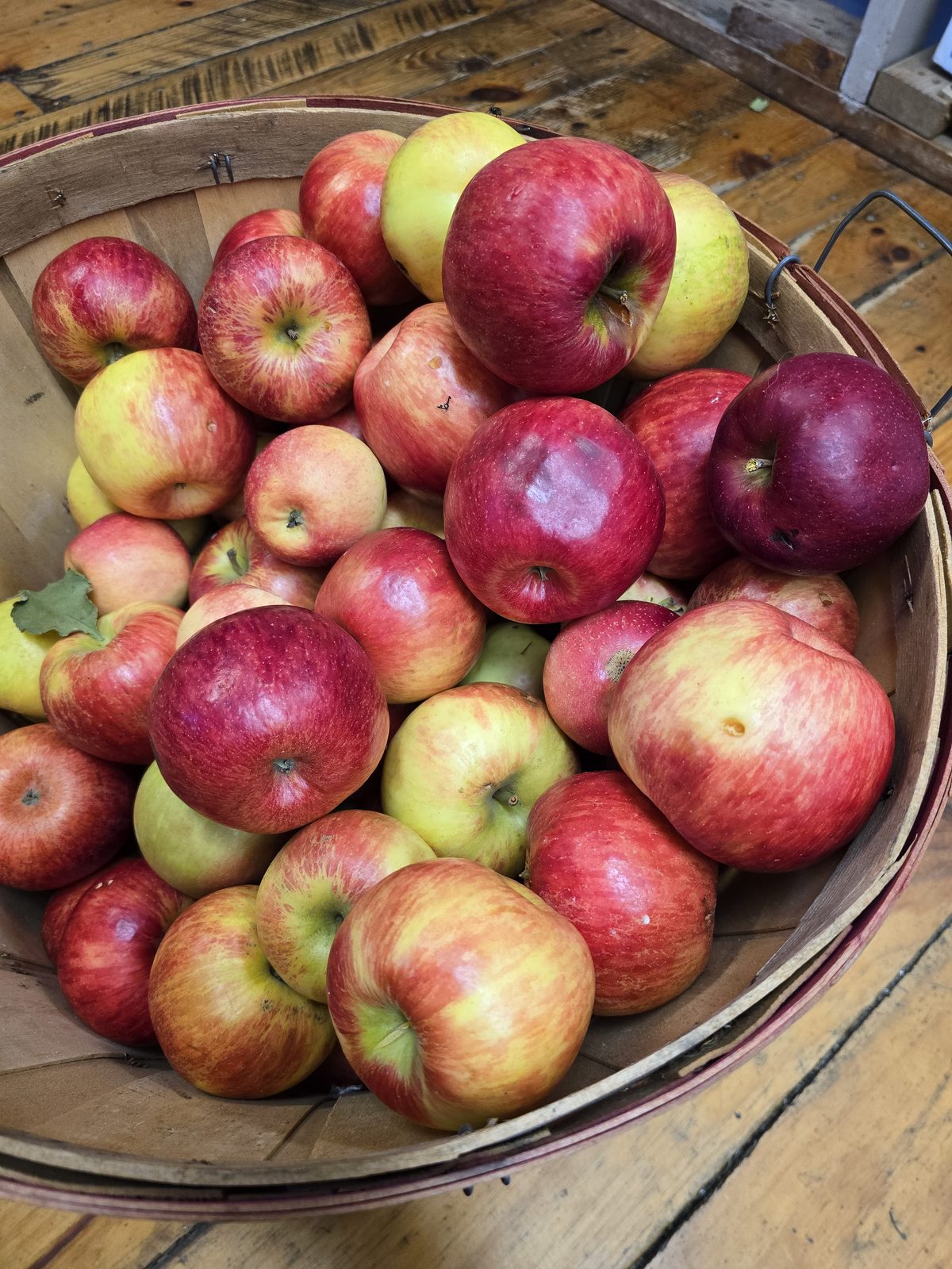 A wooden bushel basket of red and yellow apples on a farm table