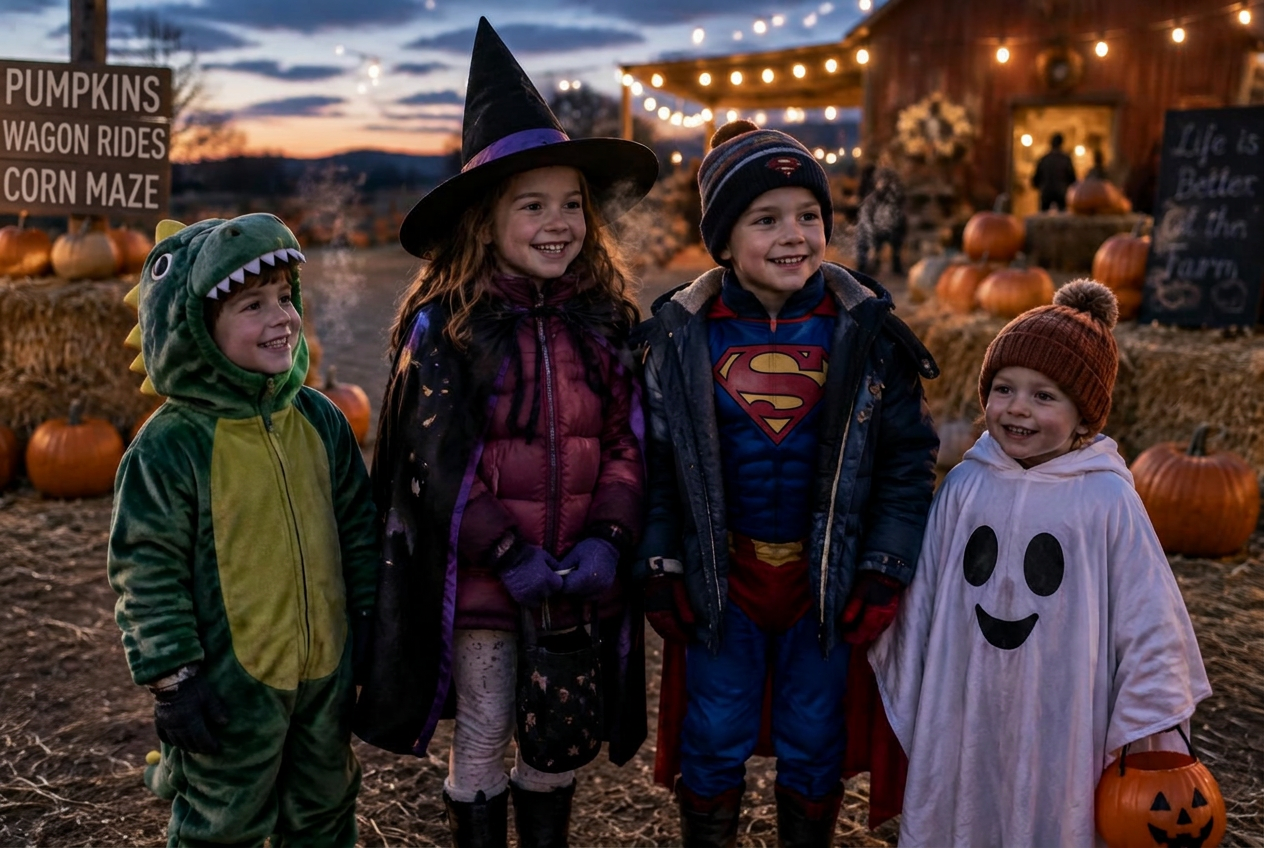 Kids in warm Halloween costumes at the farm at dusk