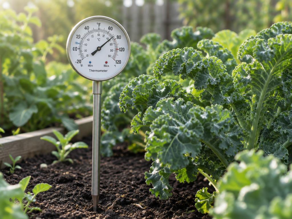 Min/max garden thermometer on a stake among vegetables